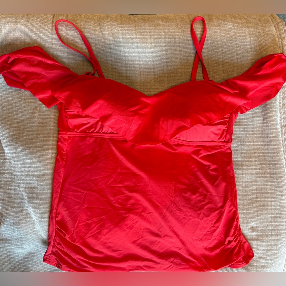 Kenneth Cole Reaction Bright Red Off The Shoulder Ruffled Tankini